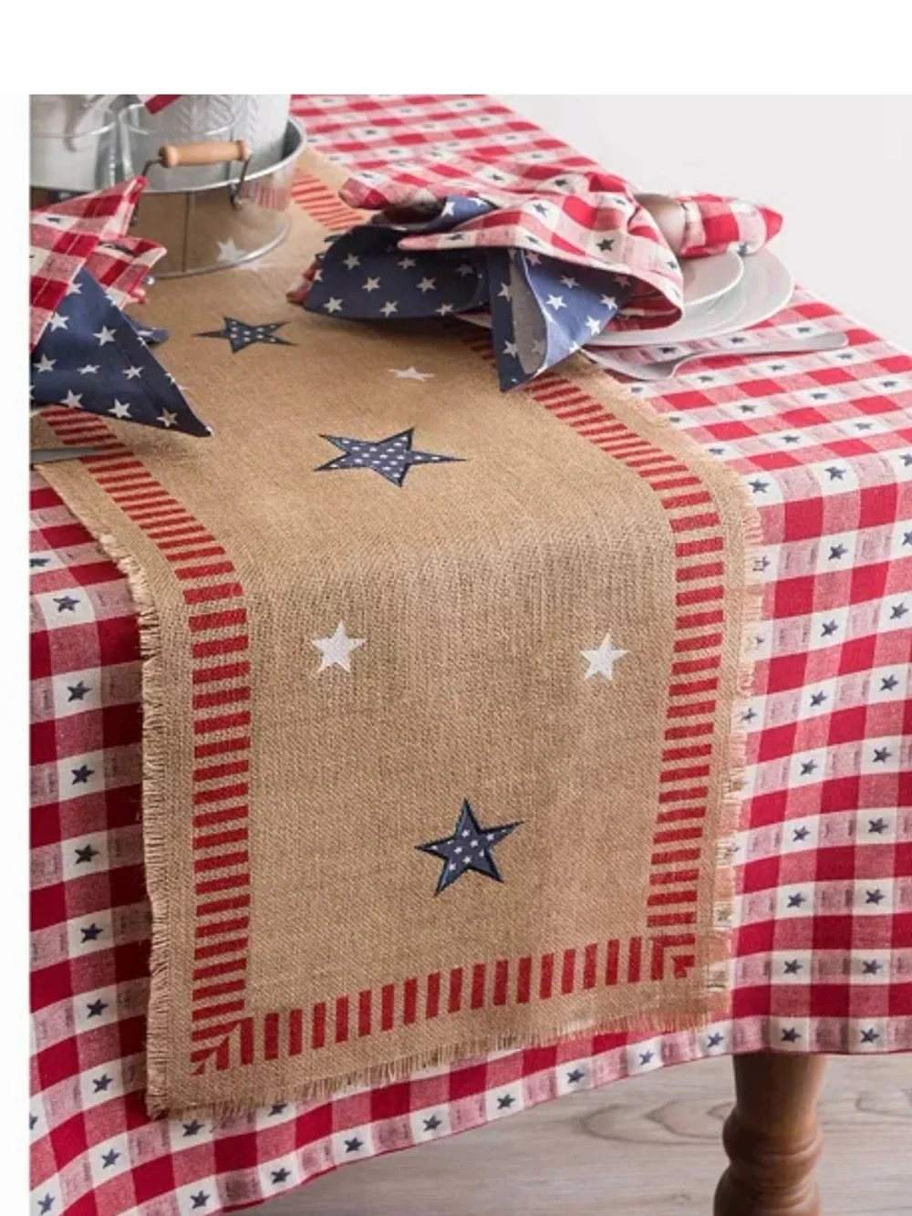 Patriotic Star Burlap Table Runner - Natural with Red & Blue